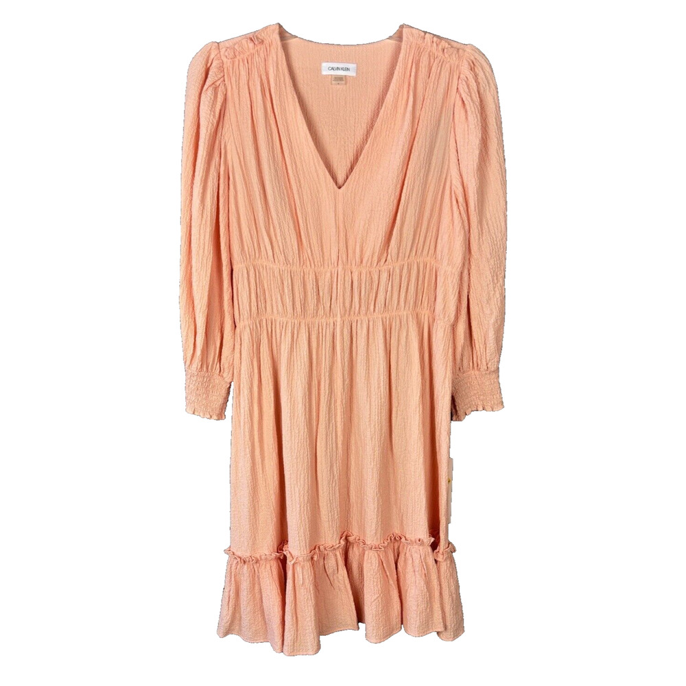 Calvin Klein Dress Women's size 6 Peach Ruffle elastic waist smocked cuffs NWT